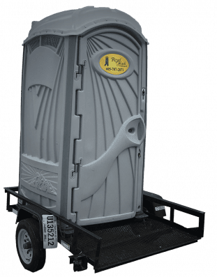 A grey portable restroom mounted on a black single-axle towable utility trailer from A Royal Flush Portables in Rapid City featuring the number 605-787-2871.