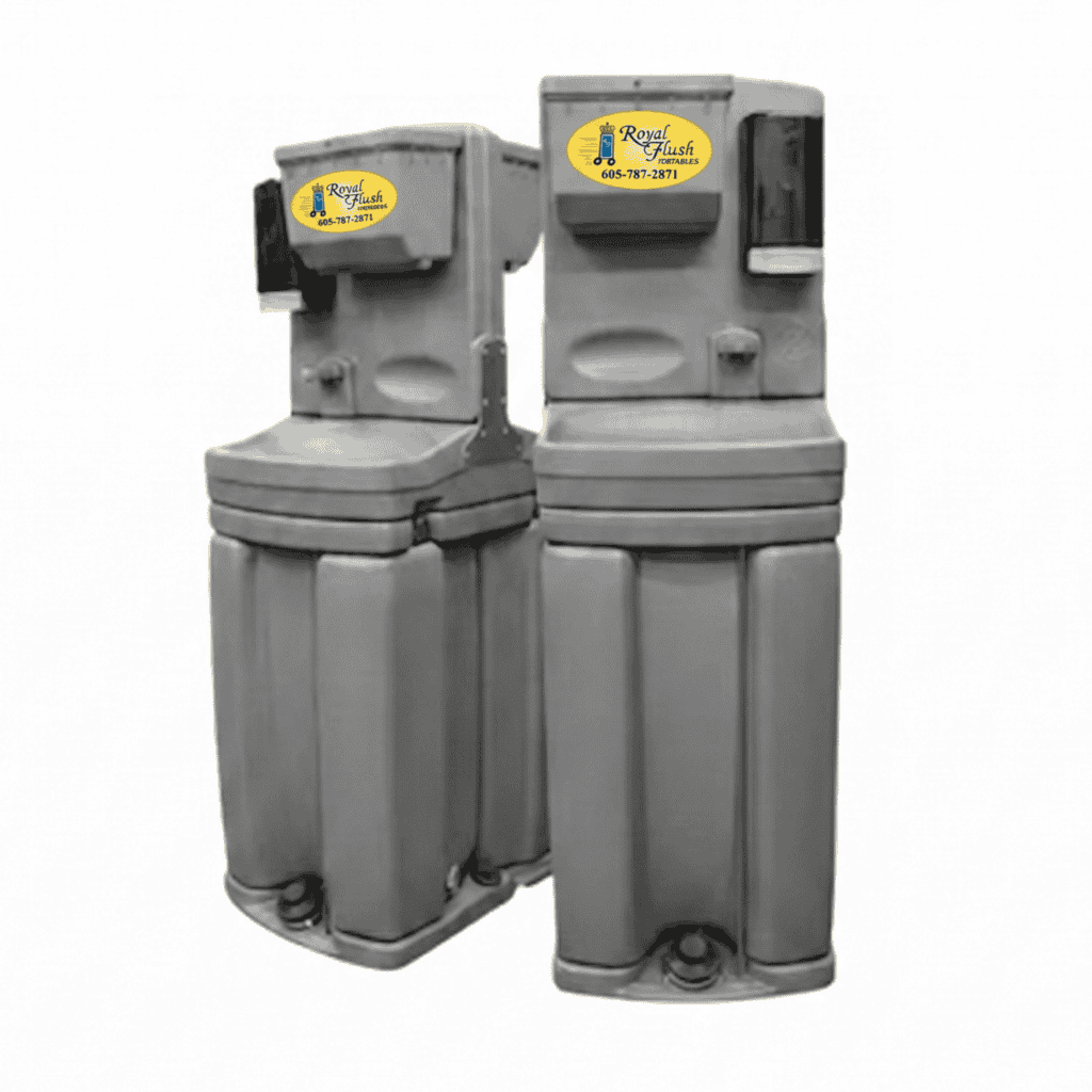 Two dual-user portable hand wash stations by A Royal Flush Portables in Rapid City, SD, featuring the phone number 605-787-2871.