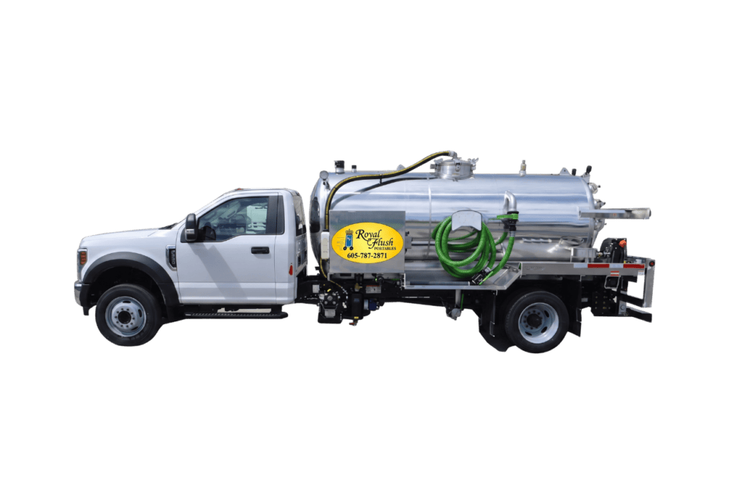 A profile view of a white commercial Ford F-Series Super Duty service truck featuring a large, polished aluminum vacuum tank with coiled green service hoses. A prominent yellow oval logo on the tank reads "Royal Flush Portables" along with the phone number 605-787-2871