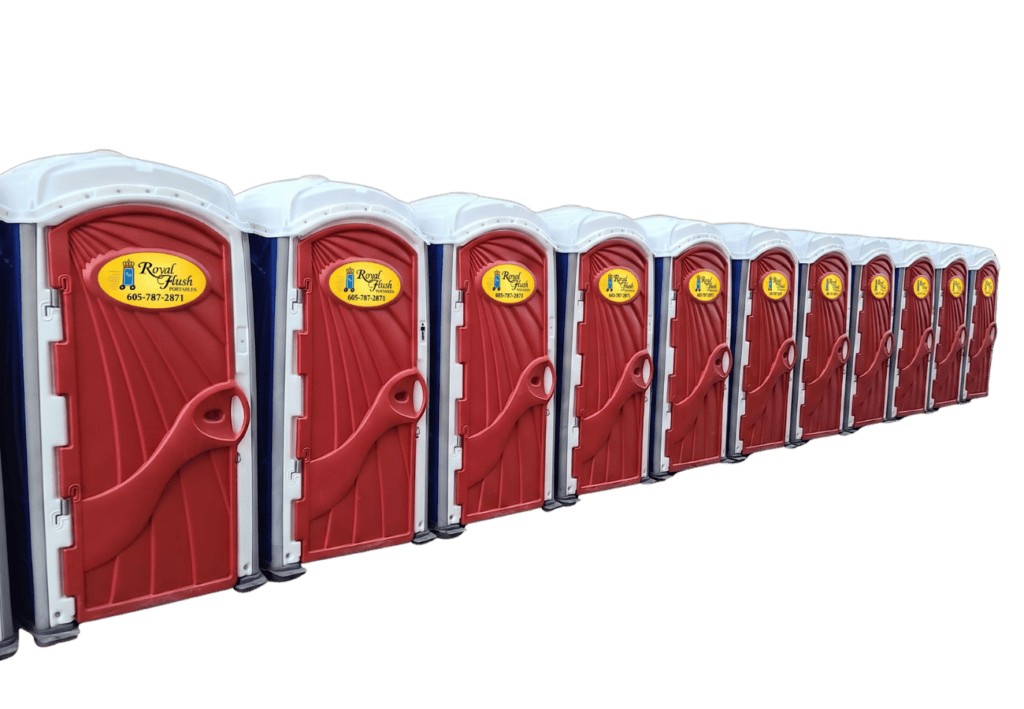 A row of perspective-angled red, white, and blue portable restrooms from A Royal Flush Portables in Rapid City, SD featuring the phone number 605-787-2871.