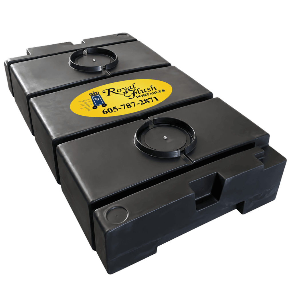 Black 250-gallon low-profile waste holding tank for a portable restroom trailer, featuring the yellow Royal Flush Portables logo and phone number 605-787-2871.