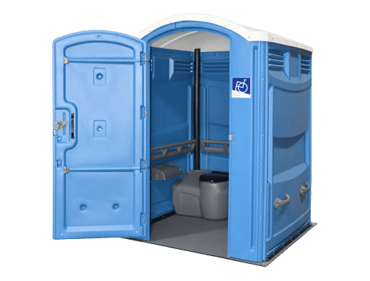 An open, blue, wheelchair-accessible portable restroom from A Royal Flush Portables in Rapid City, SD featuring a flat, ground-level entrance, interior support handrails, and an international symbol of access sticker on the front exterior wall.